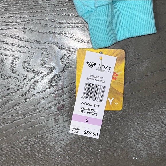 Roxy Teal Blue Silver Sweat Shirt Pull On Bell Pants Set Pullover Girls 6 NWT - Picture 7 of 8